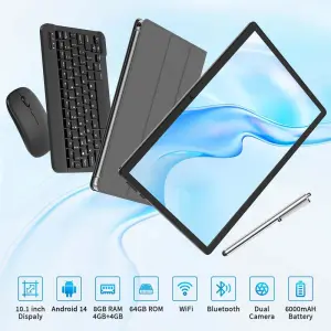 C115-【New Users Only SG$9.99】PYNAREL Tablet 10.1 Inch Android 14, 2 in 1 Portable Device with Keyboard, Mouse, Case, Stylus, 64GB ROM, 5+8MP Dual Camera, for Valentine's Day Gift