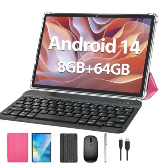 C115-【New Users Only SG$9.99】PYNAREL Tablet 10.1 Inch Android 14, 2 in 1 Portable Device with Keyboard, Mouse, Case, Stylus, 64GB ROM, 5+8MP Dual Camera, for Valentine's Day Gift